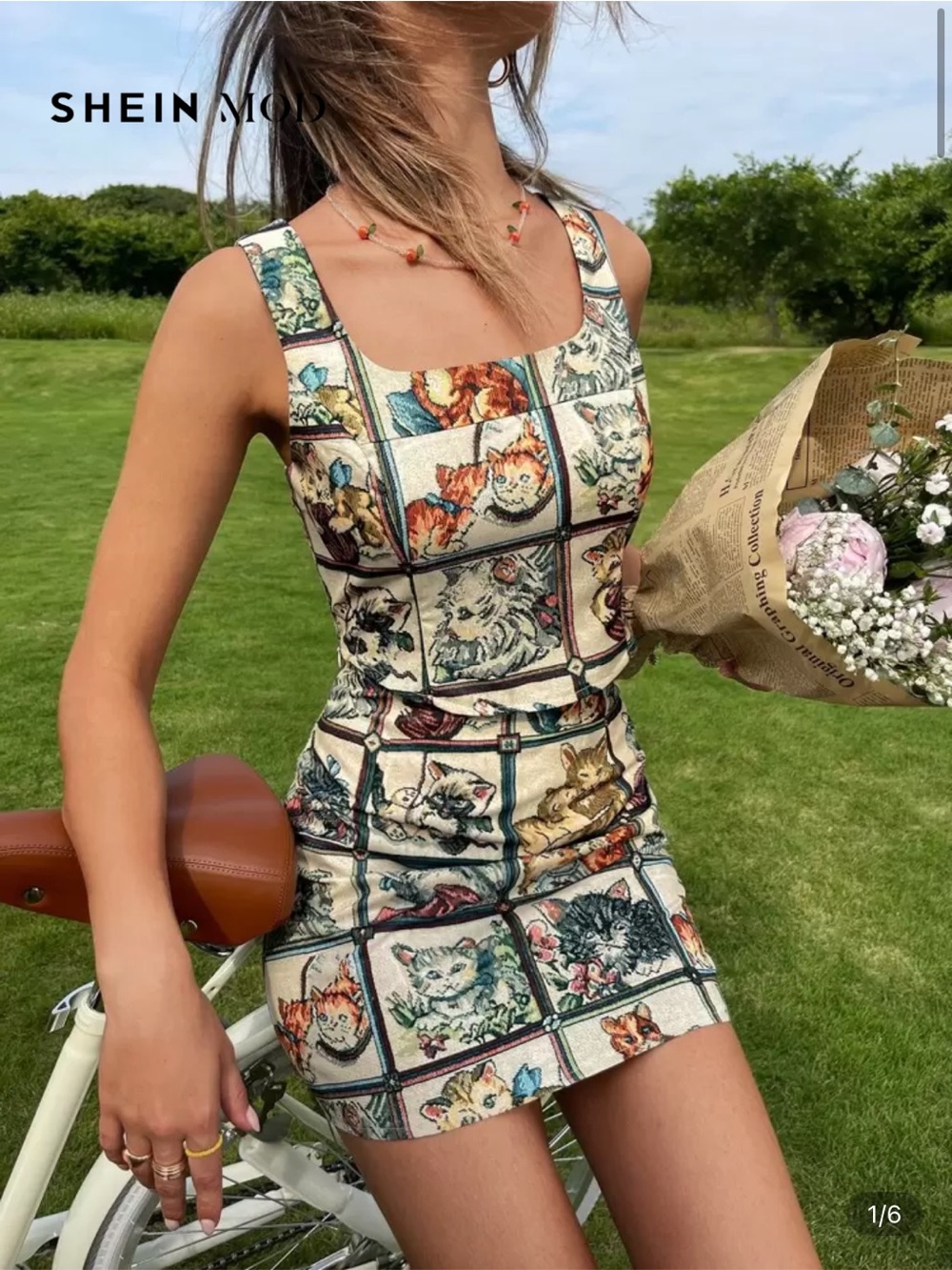 Cat Print Square Neck A-Line Dress in Cream and Multi - Picture 1 of 15